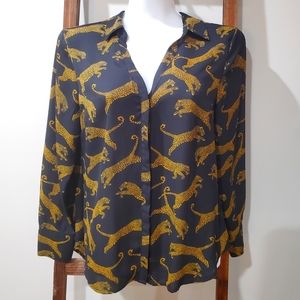 Black leopard print button down blouse M Worthington